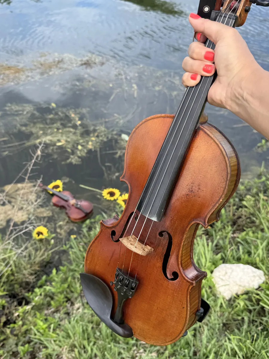 A hand holding a violin above the river, with sunflowers on the bank